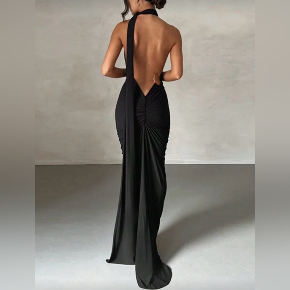 Black Ruched Backless Evening Dress - Picture 2 of 4